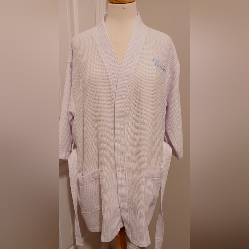 Waffle Weave Robe for Bride. One Size fits most. White with Baby Blue Embroidery